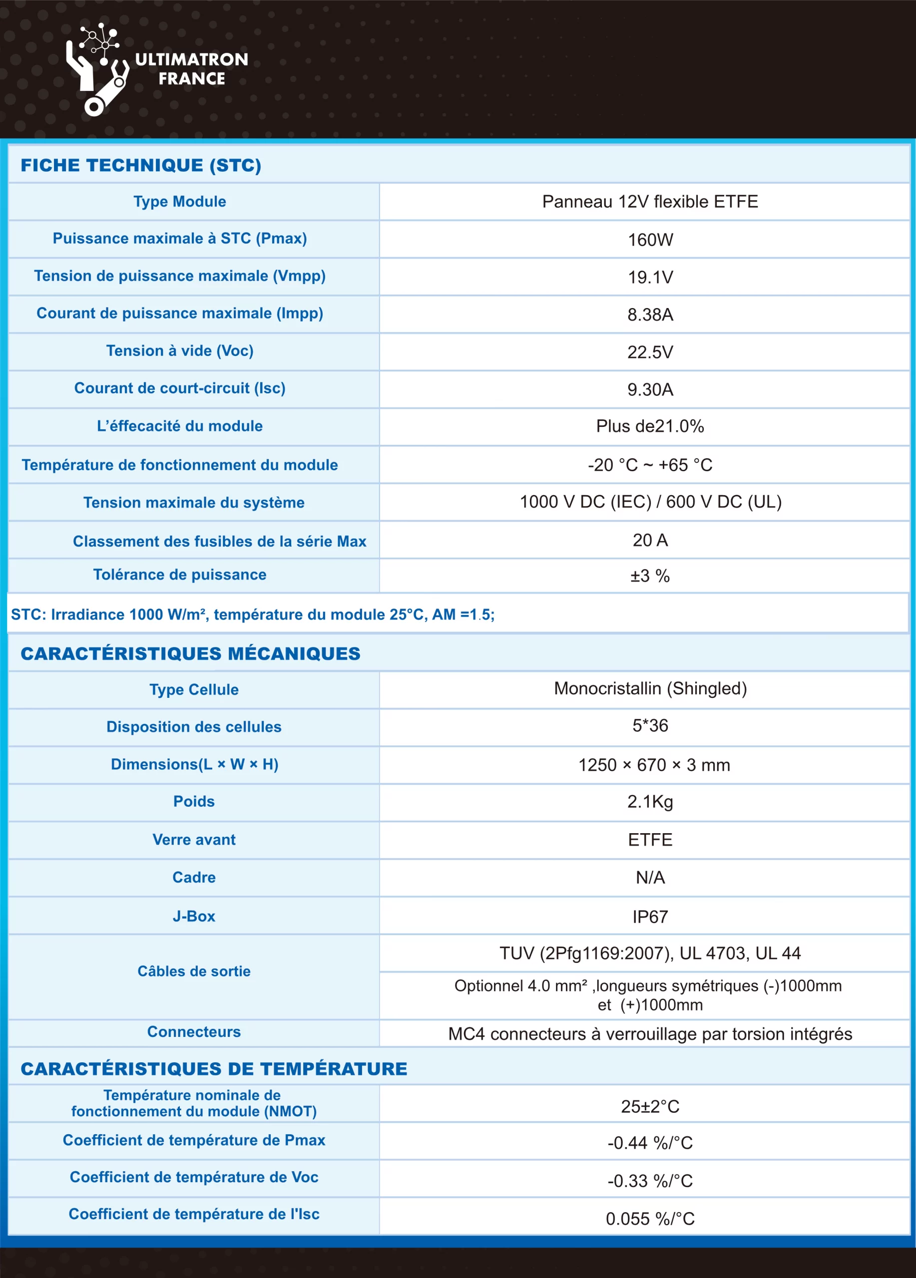 Fiche-technique-panneau-solaire-160W-12V-Mono-Shingled-flexible-Ultimatron-France-FR